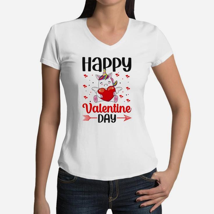 Happy Valentine Day Unicorn Gift Happy Valentines Day Women V-Neck T-Shirt