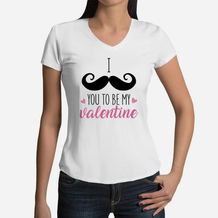 I Mustache You To Be My Valentine Pink Happy Valentines Day Women V-Neck T-Shirt