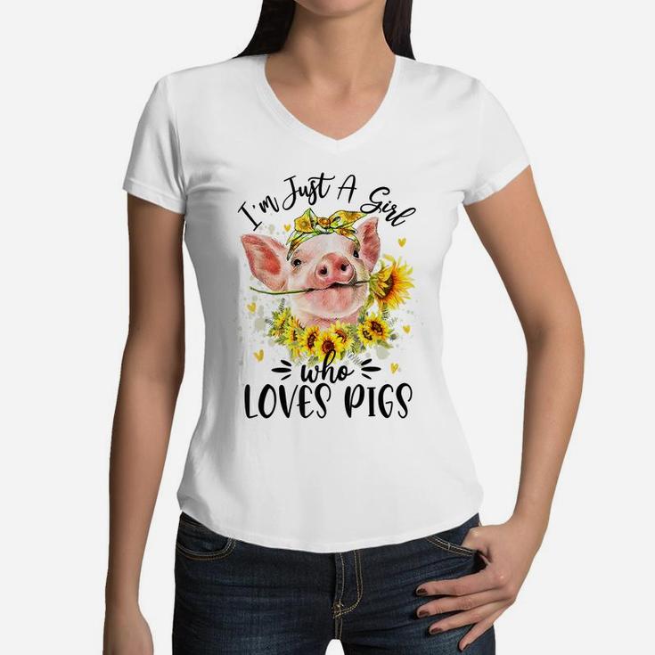 I'm Just A Girl Who Loves Pigs Flower Country Farmer Girl Women V-Neck T-Shirt