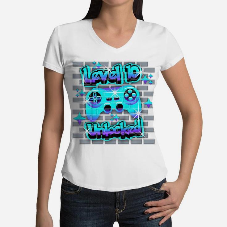 Kids 10 Year Old 10Th Video Gamer Gaming Birthday Party Boys Girl Women V-Neck T-Shirt