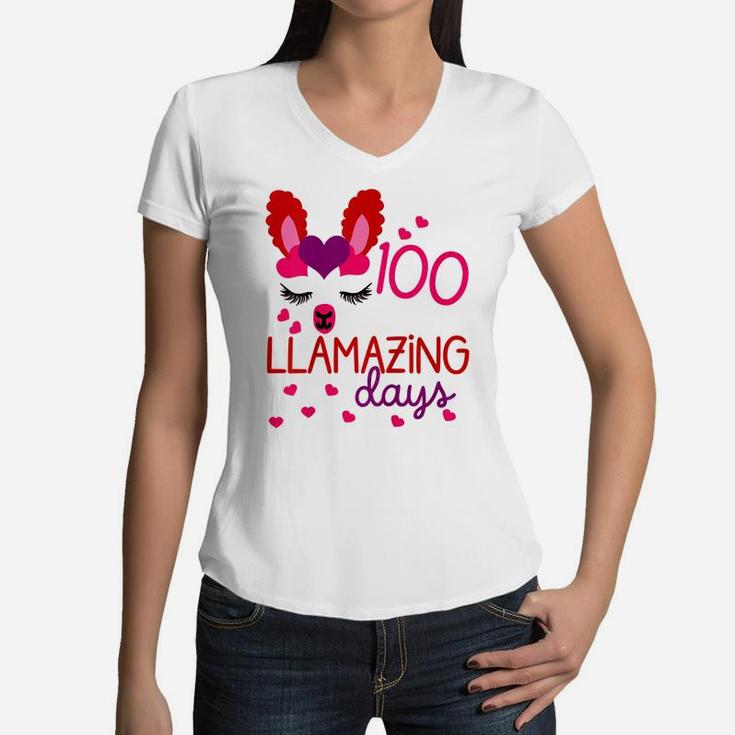 Kids 100 Days Of School Gift For Little Girls 100 Llamazing Days Women V-Neck T-Shirt