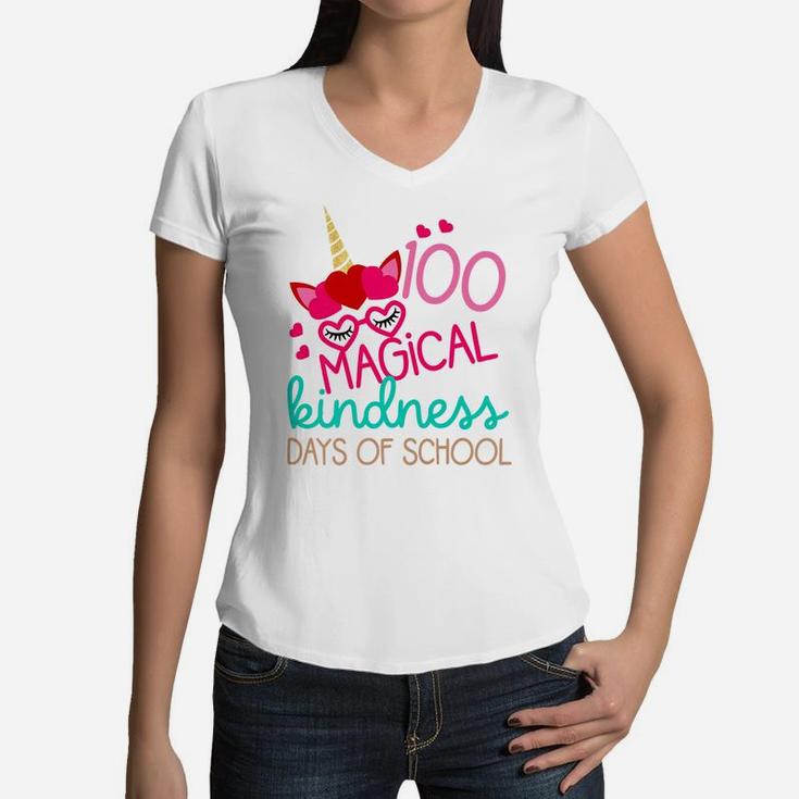 Kids 100 Days School Gift Little Girls 100 Magical Kindness Days Women V-Neck T-Shirt