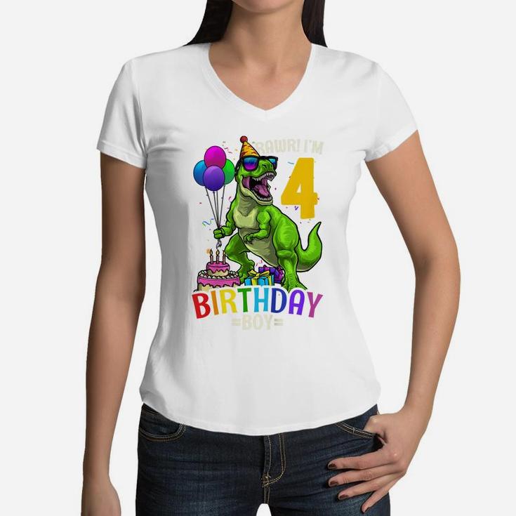 Kids 4Th Birthday BoyRex Dinosaur Dino Party Gift Women V-Neck T-Shirt