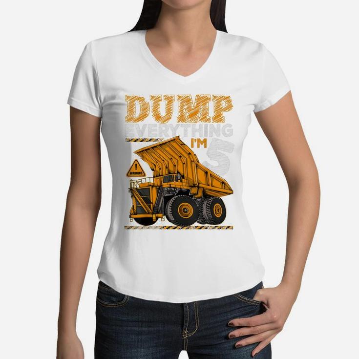 Kids 5 Years Old Construction Truck Dumper 5Th Birthday Boy Women V-Neck T-Shirt
