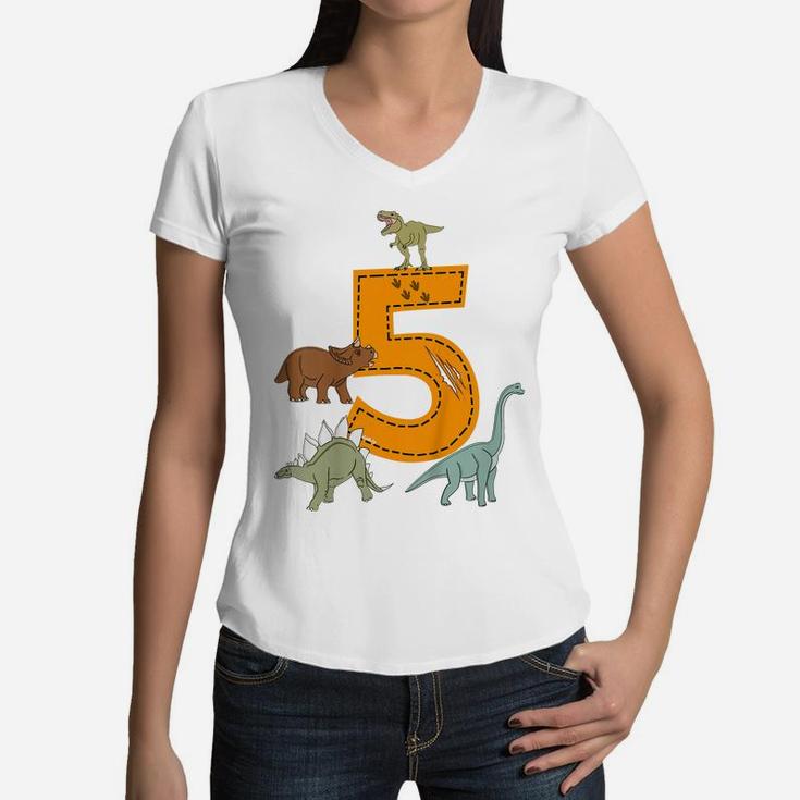 Kids 5Th Birthday  Boys Dino Dinosaurs Gift Birthday Women V-Neck T-Shirt