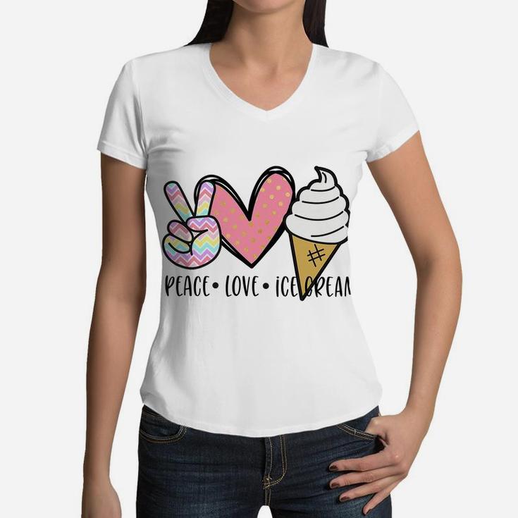 Kids Cute Kawaii Gift For Teen Girl Teenager Peace Love Ice Cream Women V-Neck T-Shirt