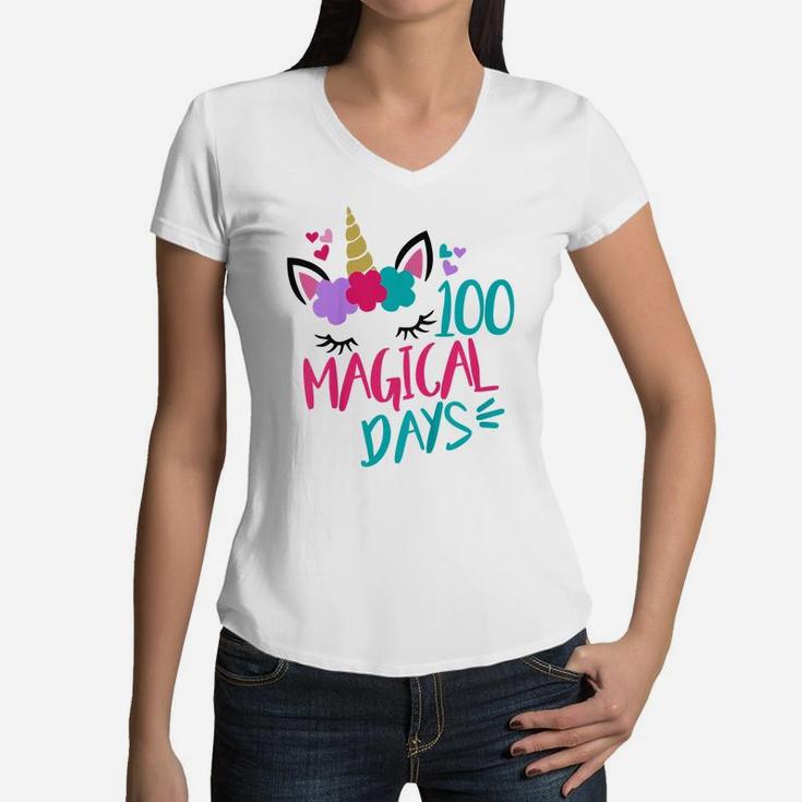 Kids Happy 100Th Day Of School Unicorn 100 Magical Days Women V-Neck T-Shirt