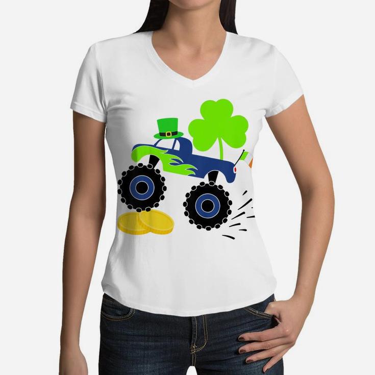 Kids Saint Patricks Day Gift For Monster Truck Lover Boy Shamrock Women V-Neck T-Shirt