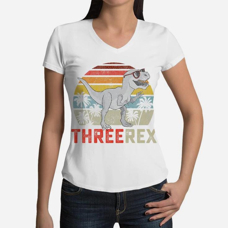Kids Three Rex Birthday 3 Year Old Dinosaur 3Rd T Trex Boy Girl Women V-Neck T-Shirt