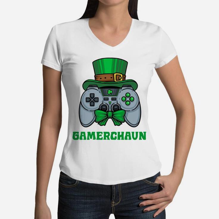 Leprechaun Gamer St Patricks Day Shirt Boys Controller Lucky Women V-Neck T-Shirt
