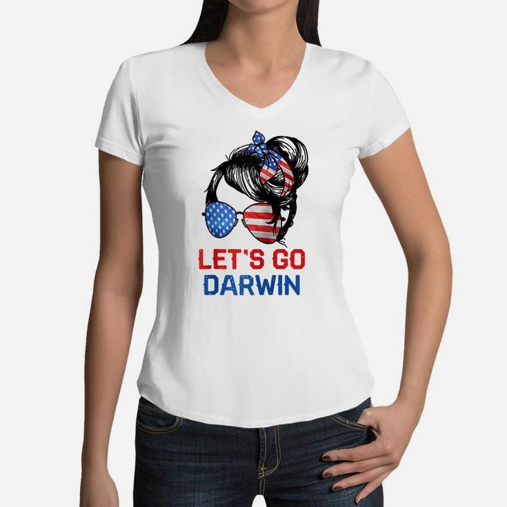 Let's Go Darwin Shirt Women Girl Lets Go Usa Flag Messy Bun Raglan Baseball Tee Women V-Neck T-Shirt