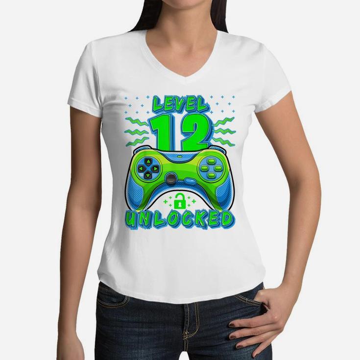 Level 12 Unlocked Video Game 12Th Birthday Gamer Boys Women V-Neck T-Shirt