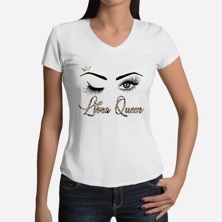 Libra Zodiac Birthday Leopard Print Gift For Girls Women Women V-Neck T-Shirt