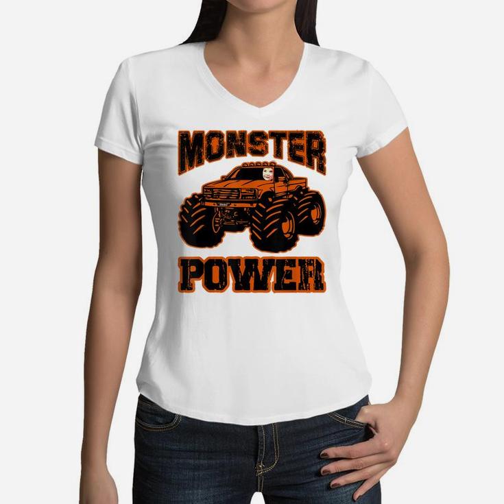 Monster Power Boy In Monster Truck Women V-Neck T-Shirt