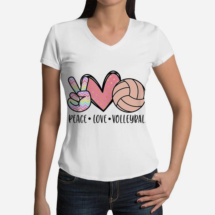 Peace Love Volleyball Cute Design For Women Teen Little Girl Women V-Neck T-Shirt
