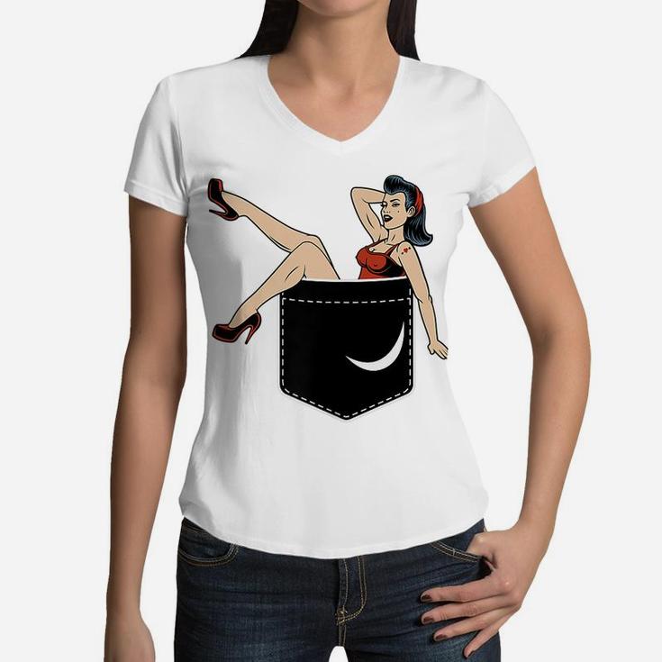 Pin Up Girl In Pocket Funny Vintage Retro Illustration Gifts Women V-Neck T-Shirt