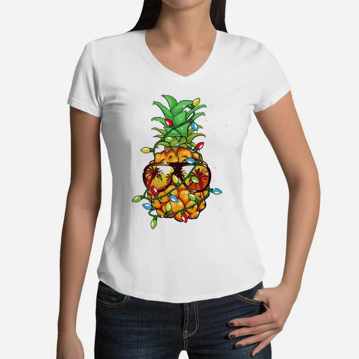Pineapple Christmas Wear Sunglasses Xmas Lights Boys Gifts Women V-Neck T-Shirt
