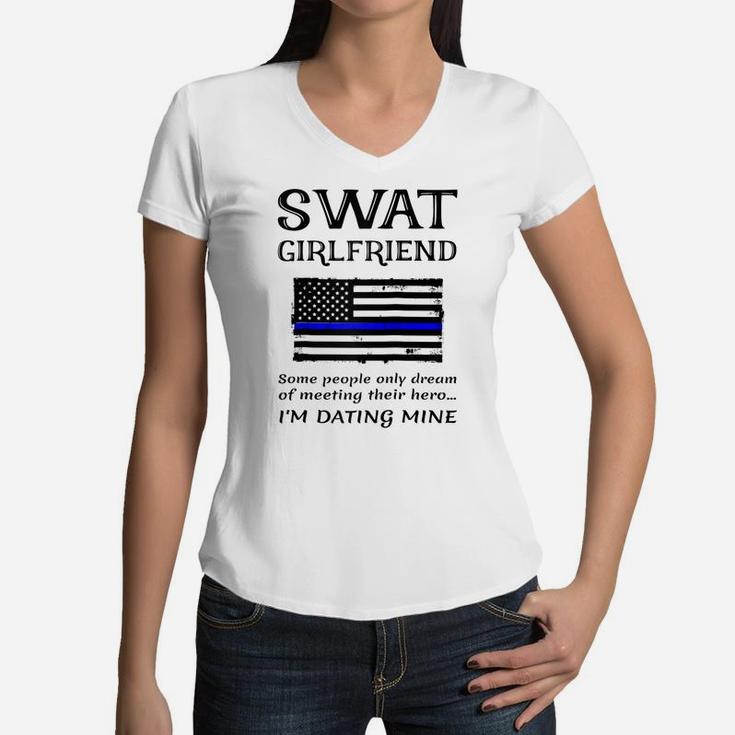 Proud Swat Girlfriend Special Forces Us Flag Thin Blue Line Raglan Baseball Tee Women V-Neck T-Shirt