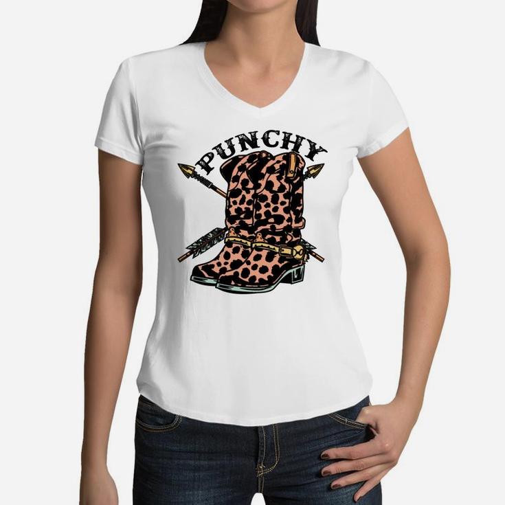 Retro Cowgirl Boots Leopard Punchy Western Country Cowboy Women V-Neck T-Shirt
