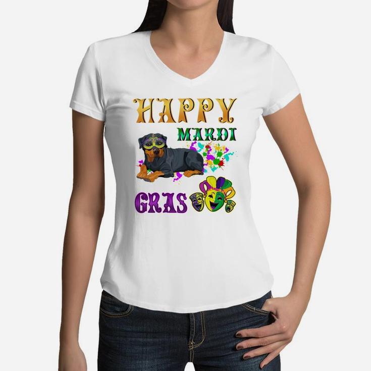 Rottweiler Dog Breed Happy Mardi Gras Festival Women V-Neck T-Shirt