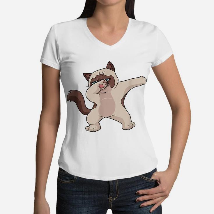 Siamese Cat Dabbing For Kids Birthday Party Gift Women V-Neck T-Shirt