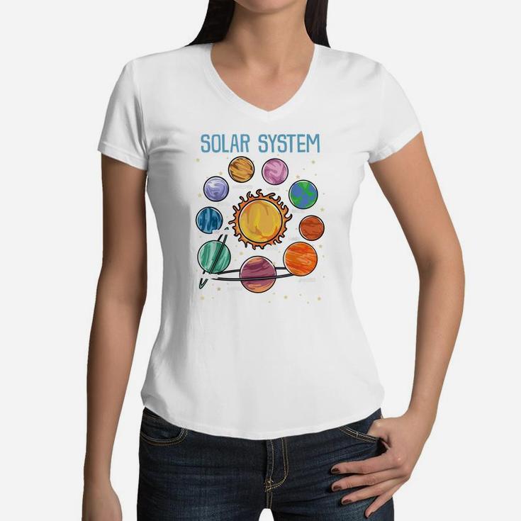 Solar System Planets Science Space Boys Girls Stem Kids Women V-Neck T-Shirt