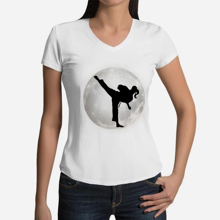 Taekwondo Girl In The Moon T-Shirt For Girls The Kick Sweatshirt Women V-Neck T-Shirt