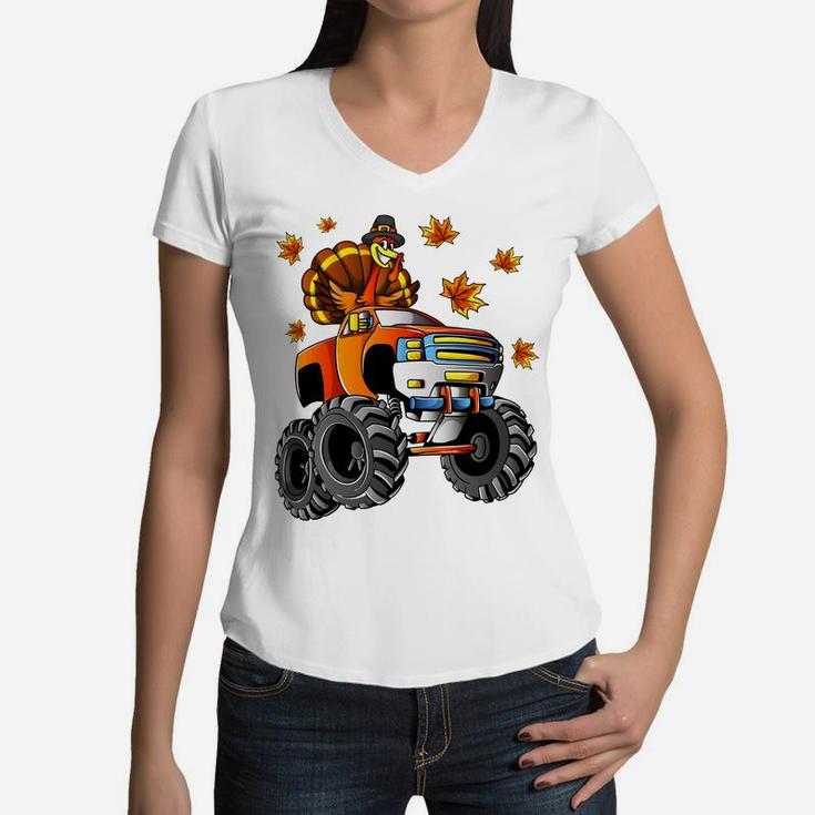 Thanksgiving Turkey Riding Monster Truck Boys Kids Sweatshirt Women V-Neck T-Shirt