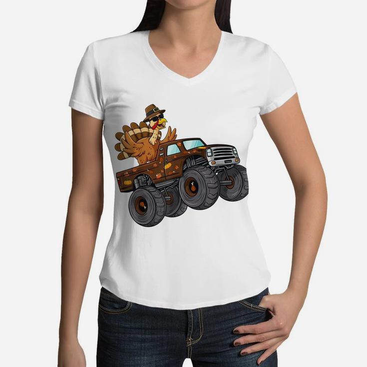 Thanksgiving Turkey Riding Monster Truck Boys Kids Women V-Neck T-Shirt
