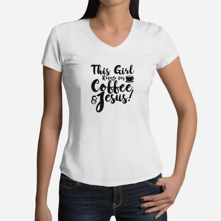 This Girl Runs Off Coffee And Jesus Women V-Neck T-Shirt