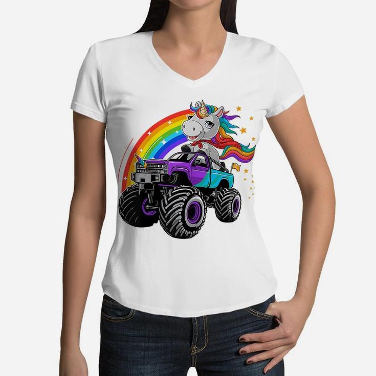 Unicorn Monster Truck Girl Kids Birthday Party Women V-Neck T-Shirt