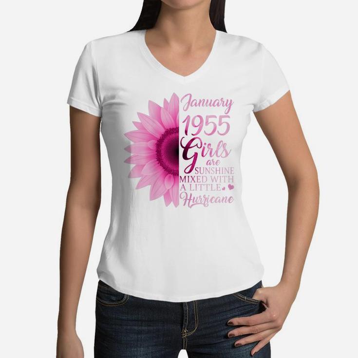 Womens January Girls 1955 Birthday Gift 66 Years Old Made In 1955 Women V-Neck T-Shirt