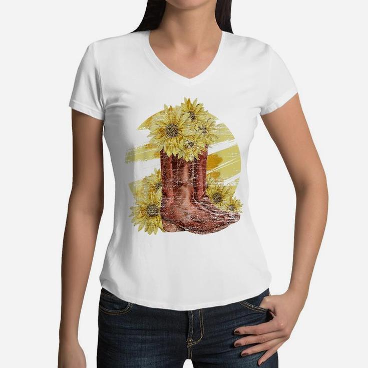 Yellow Flower Cowboy Boots Florist Sunshine Sunflower Women V-Neck T-Shirt