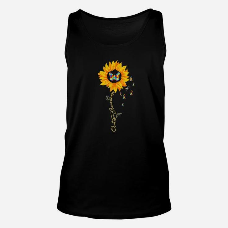Autism Awareness Puzzle Pieces Butterfly In Sunflower Unisex Tank Top