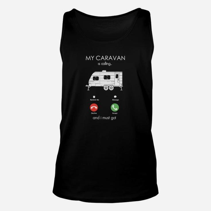 Camping-Herren-Unisex TankTop Schwarzes mit My Caravan is Calling Aufdruck