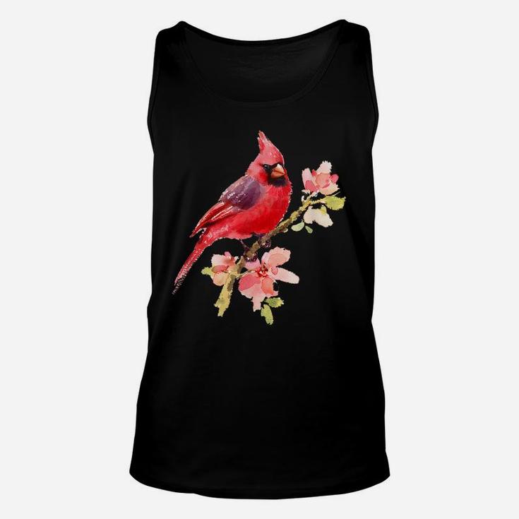 Cardinal Spirit Animal, Red Bird Stand On Pink Flower Unisex Tank Top