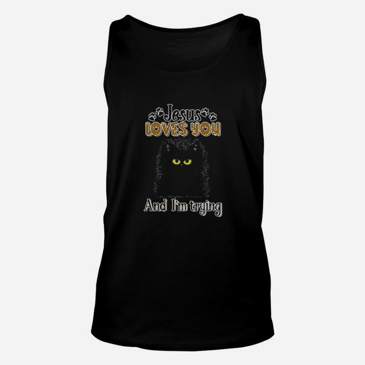 Cat Black Jesus Loves You Unisex Tank Top
