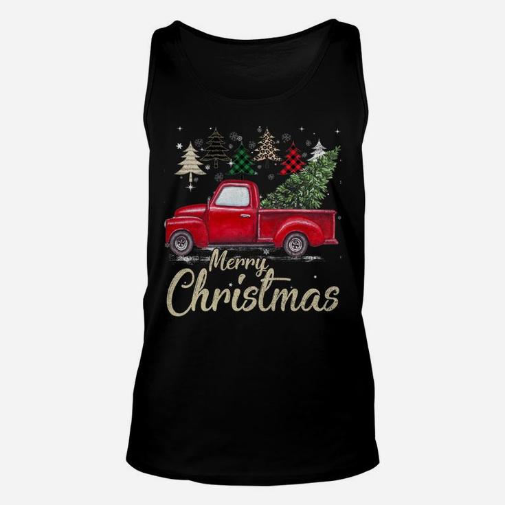 Chrismas Red Truck With Buffalo Plaid And Leopard Xmas Trees Unisex Tank Top