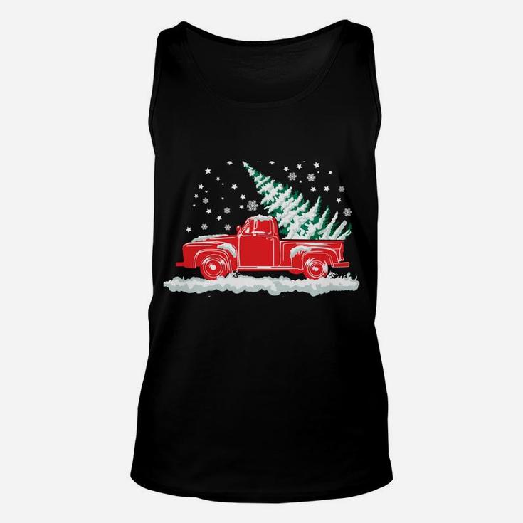 Christmas Tree In Back Of Old Red Pick Up Truck Snowing Unisex Tank Top
