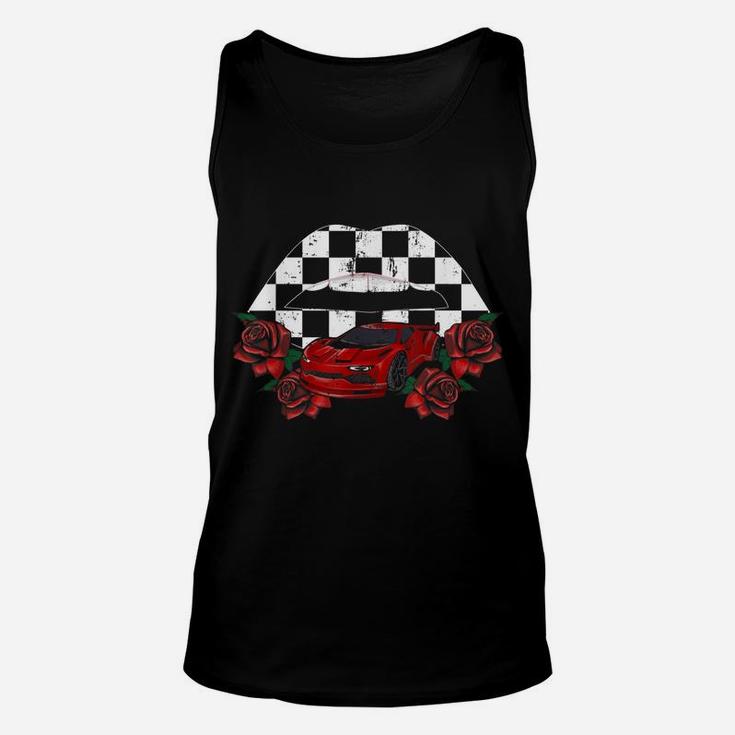 Cool Checkered Lips Kiss Red Rose Flower Car Racing Party Unisex Tank Top