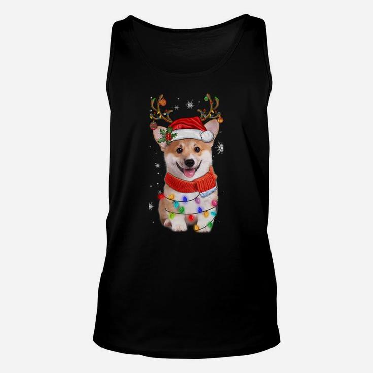 Corgi Dog Christmas Reindeer Santa Hat Xmas Light Pajama Tee Sweatshirt Unisex Tank Top