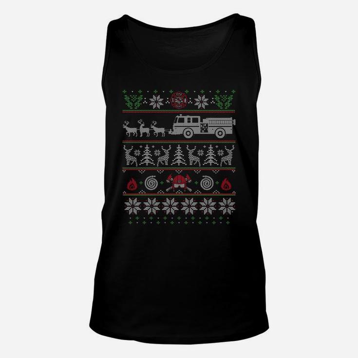 Firefighter Fire Truck Pulled By Reindeer Ugly Christmas Unisex Tank Top