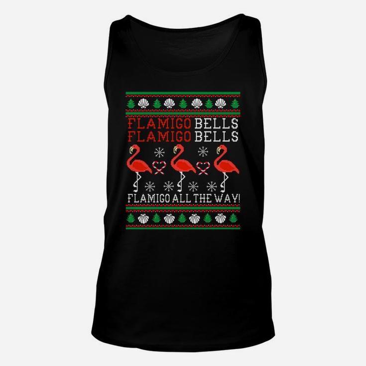 Flamingo Bells All The Way Ugly Christmas Funny Holiday Sweatshirt Unisex Tank Top