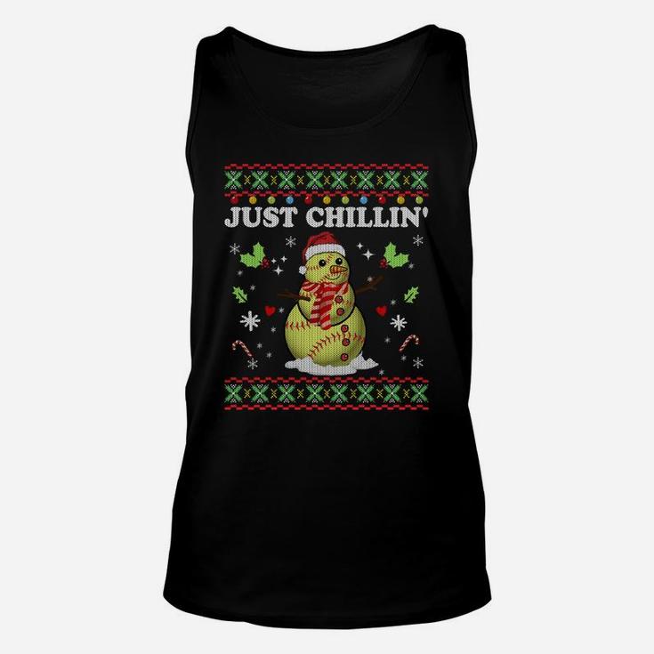 Funny Chillin' Snowman Softball Ball Ugly Christmas Sweater Sweatshirt Unisex Tank Top