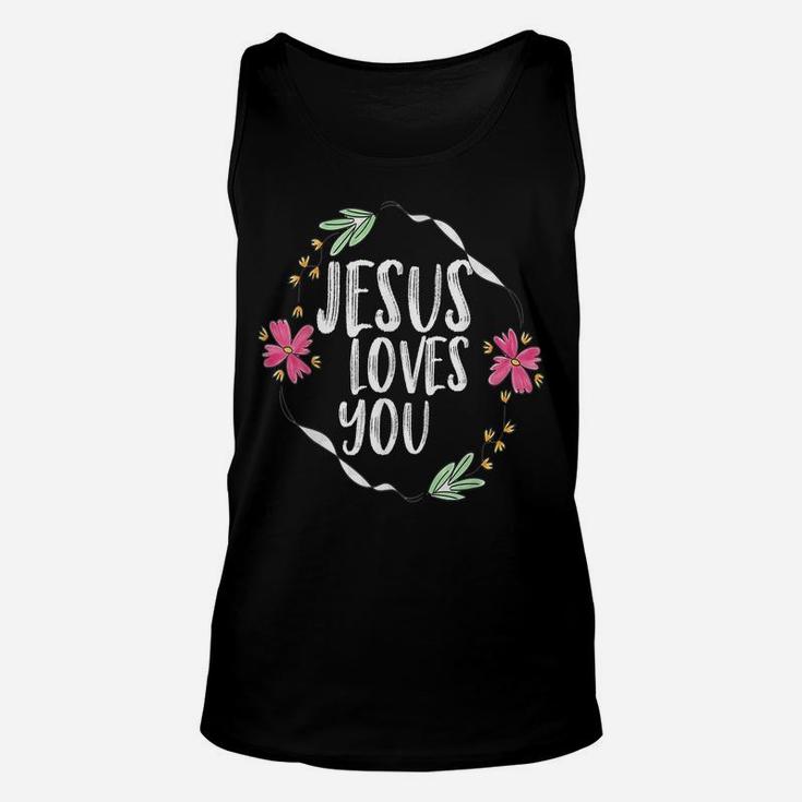 Jesus Loves You With Round Flower Frame Graphic Unisex Tank Top