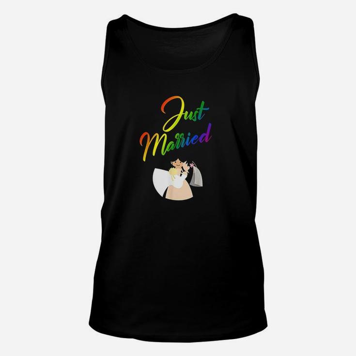 Just Married Double Bride Couple Rainbow Color Print Unisex Tank Top