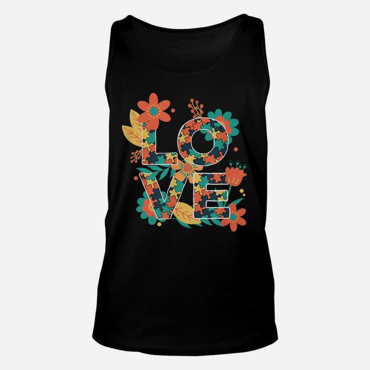 Love Autism Awareness Be Kind Puzzle Pieces And Flower Unisex Tank Top