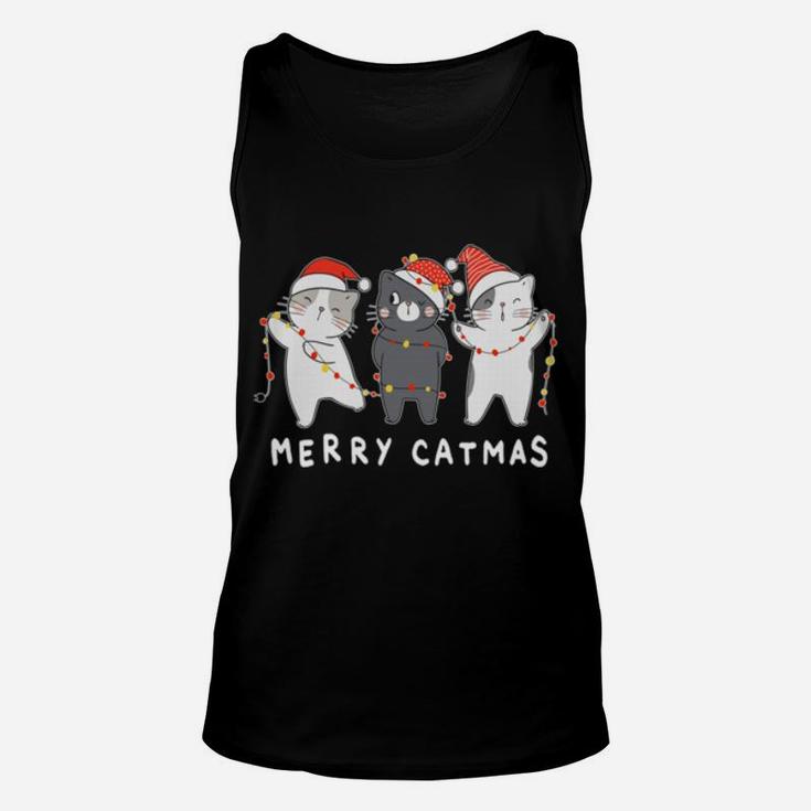 Merry Catmas Meowy Cutes Three Cat Santa Hat Christmas Sweatshirt Unisex Tank Top