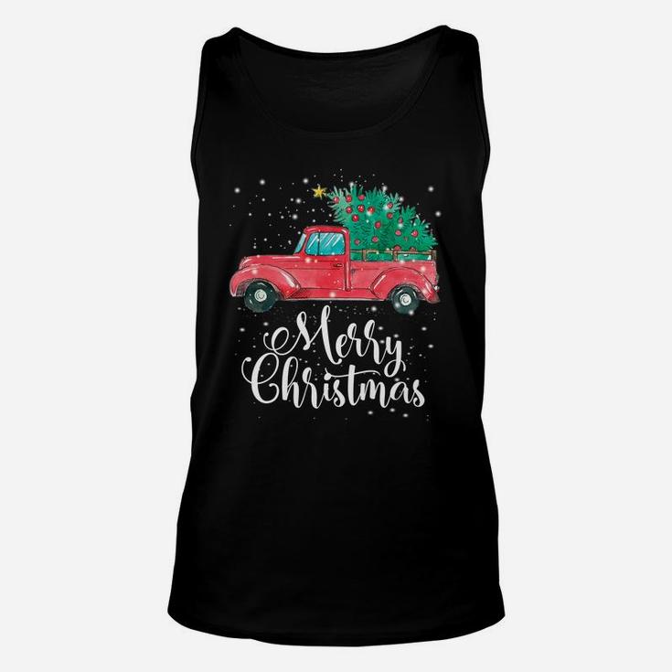 Merry Christmas Red Truck Pick Up Tree Family Pajama Gift Unisex Tank Top