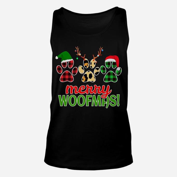 Merry Woofmas Dog Paw Christmas Buffalo Plaid Leopard Print Unisex Tank Top